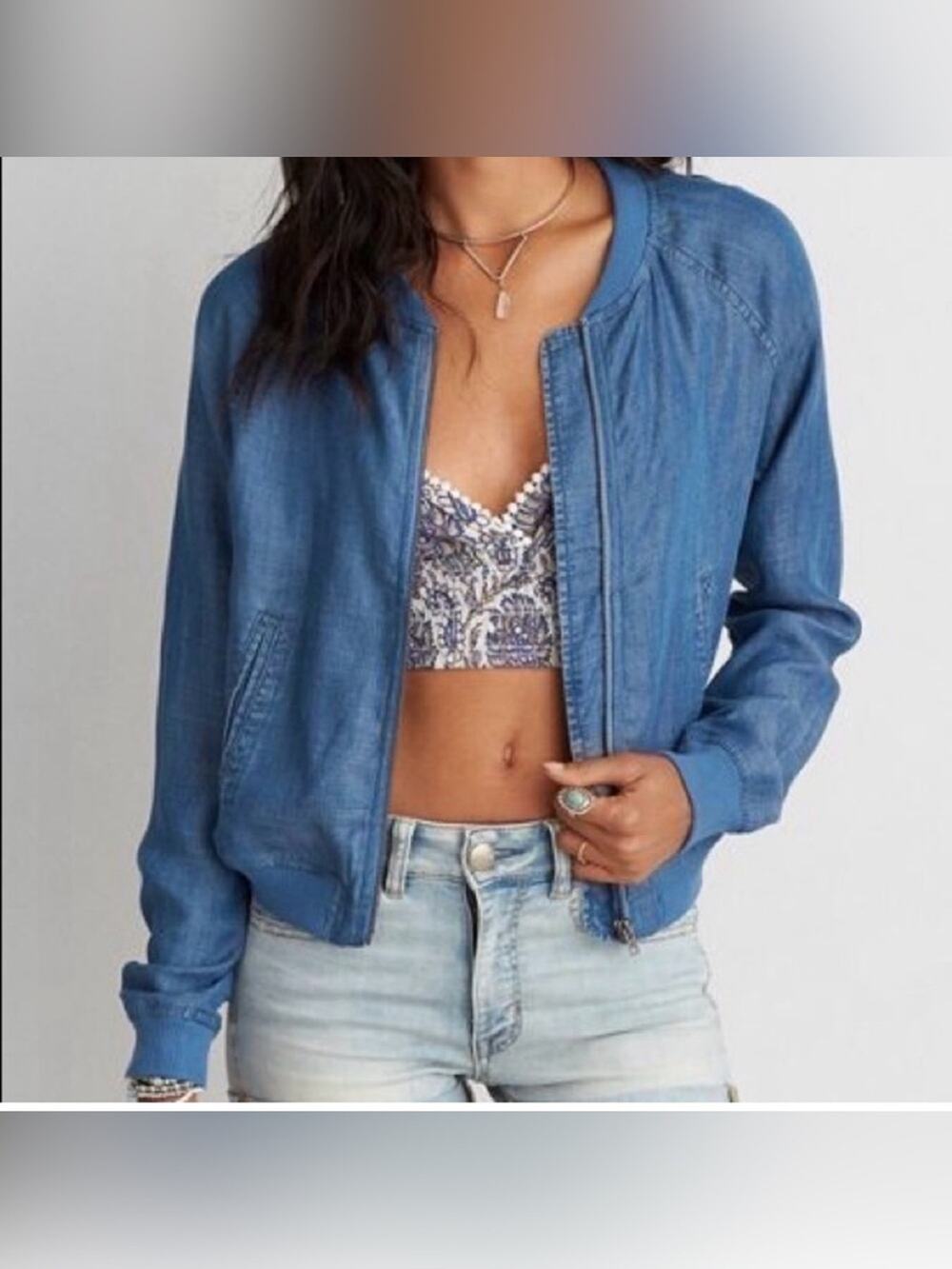 NWT American Eagle Chambray Bomber Jacket Lyocell Blue Lightweight Size Small